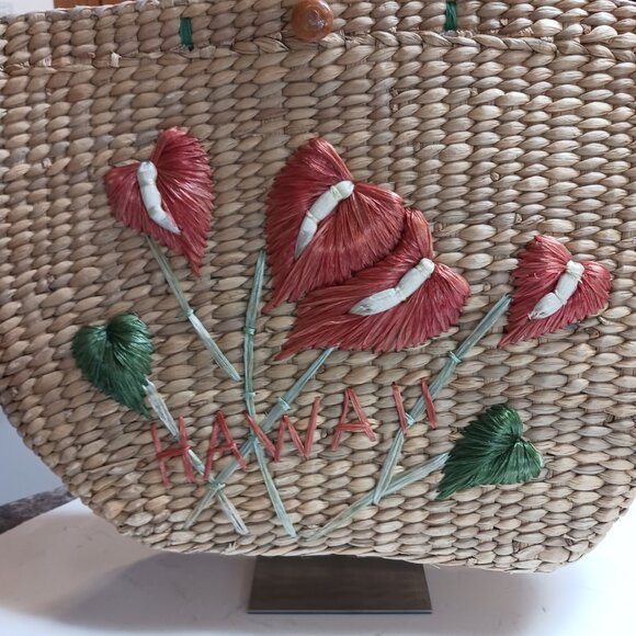Vintage Hawaii Woven Straw Tote Bag w/ Bamboo Handles, Lined - Picture 3 of 14
